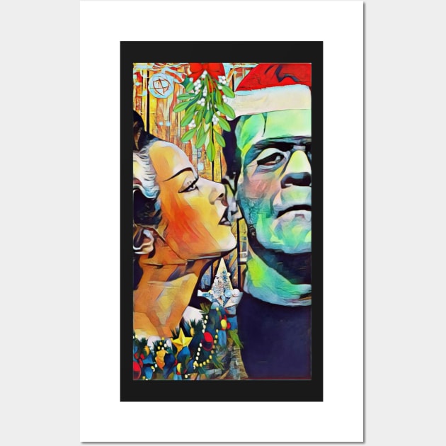 Christmas Frankenstein and Bride Kiss under the mistletoe Wall Art by Edgot